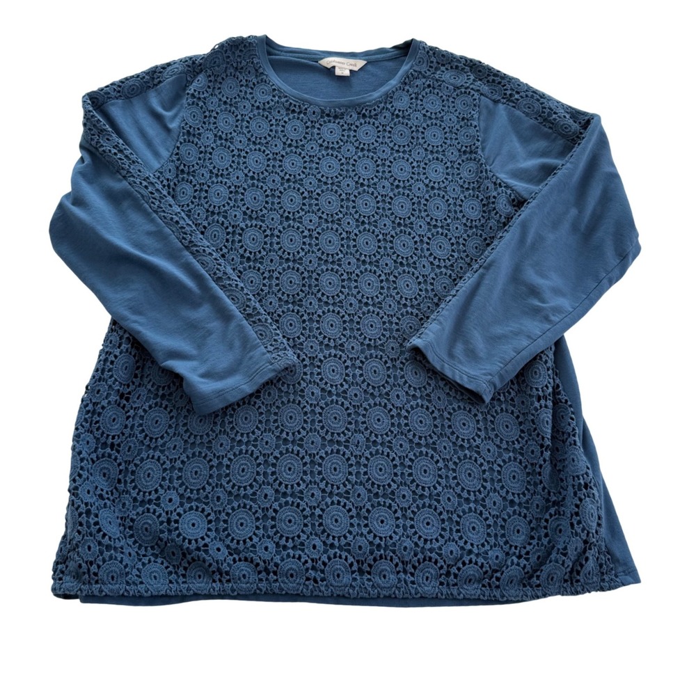 Coldwater Creek Top Women Size Medium Blue Crochet Lace Overlay Long Sleeve Boho